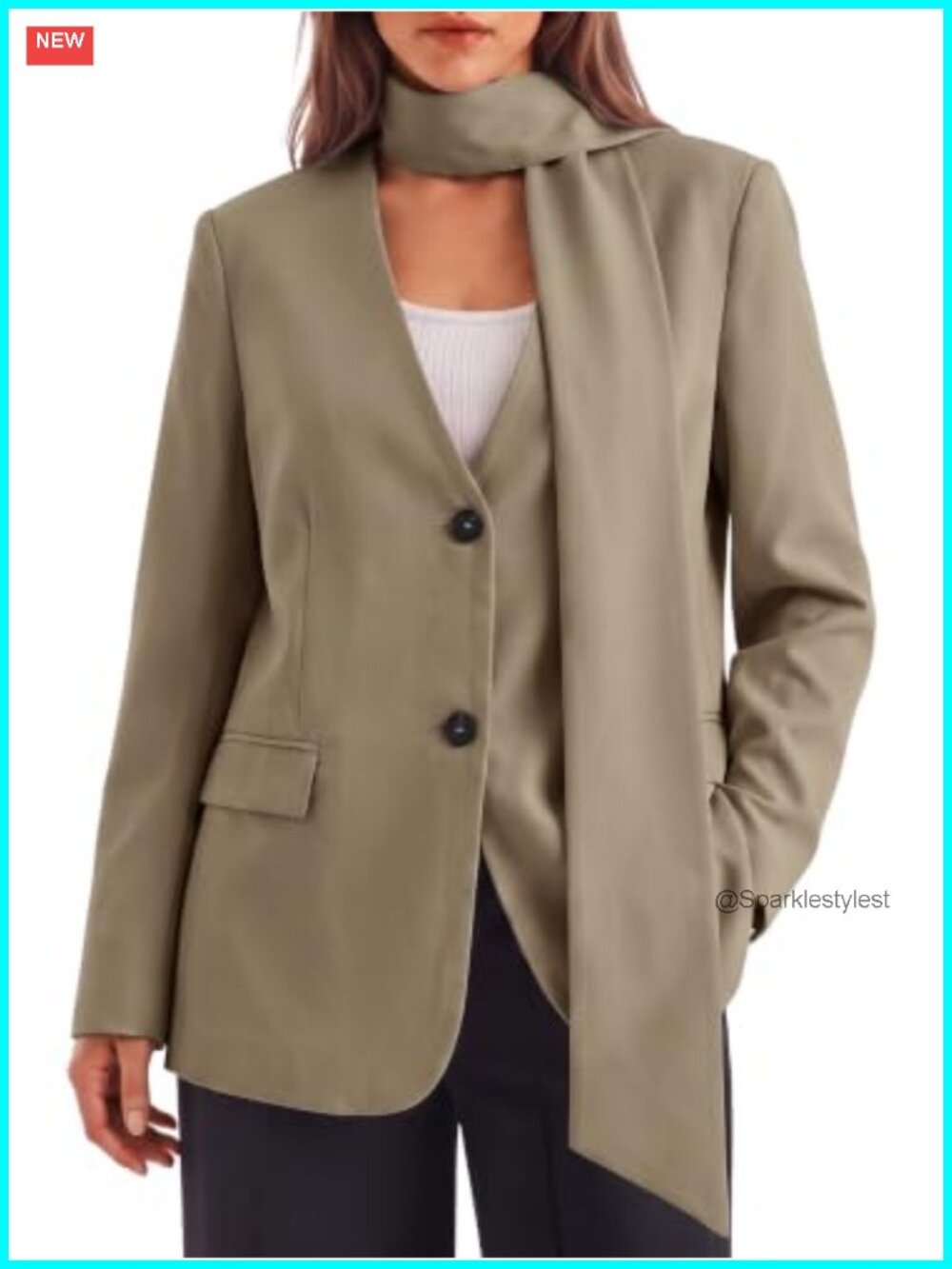 Plaid Casual Blazer V Neck Button Down Suit Jacket with Scarf